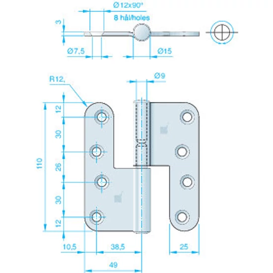 Zsanér 98*82mm inox jobb